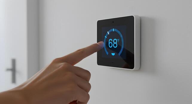 Person adjusting a smart thermostat on a wall