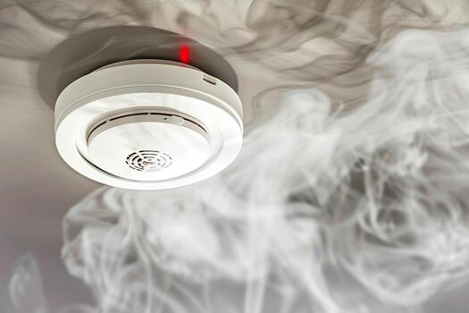 Smoke detector and fire alarm installed on a ceiling