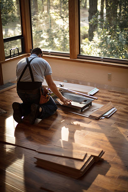 Hardwood flooring installation in progress